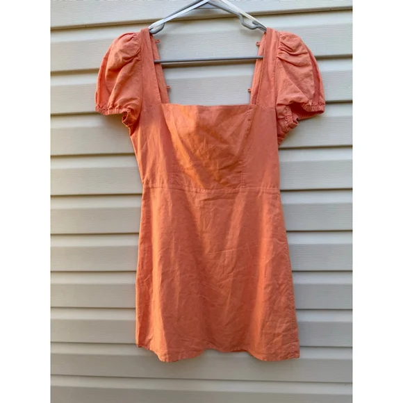 Aritzia Sunday Best Puff Sleeve Mini Dress Coral Linen Blend Size 2 - Picture 2 of 7